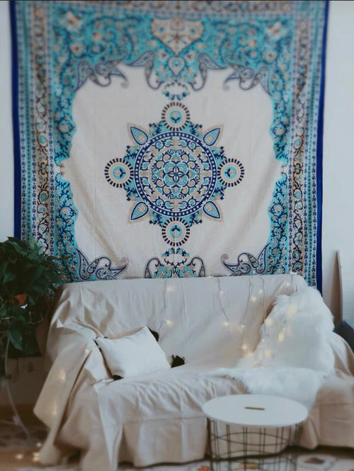 Celestial Mandala Tapestry – Bohemian Wall Hanging & Beach Throw | Turquoise & Navy