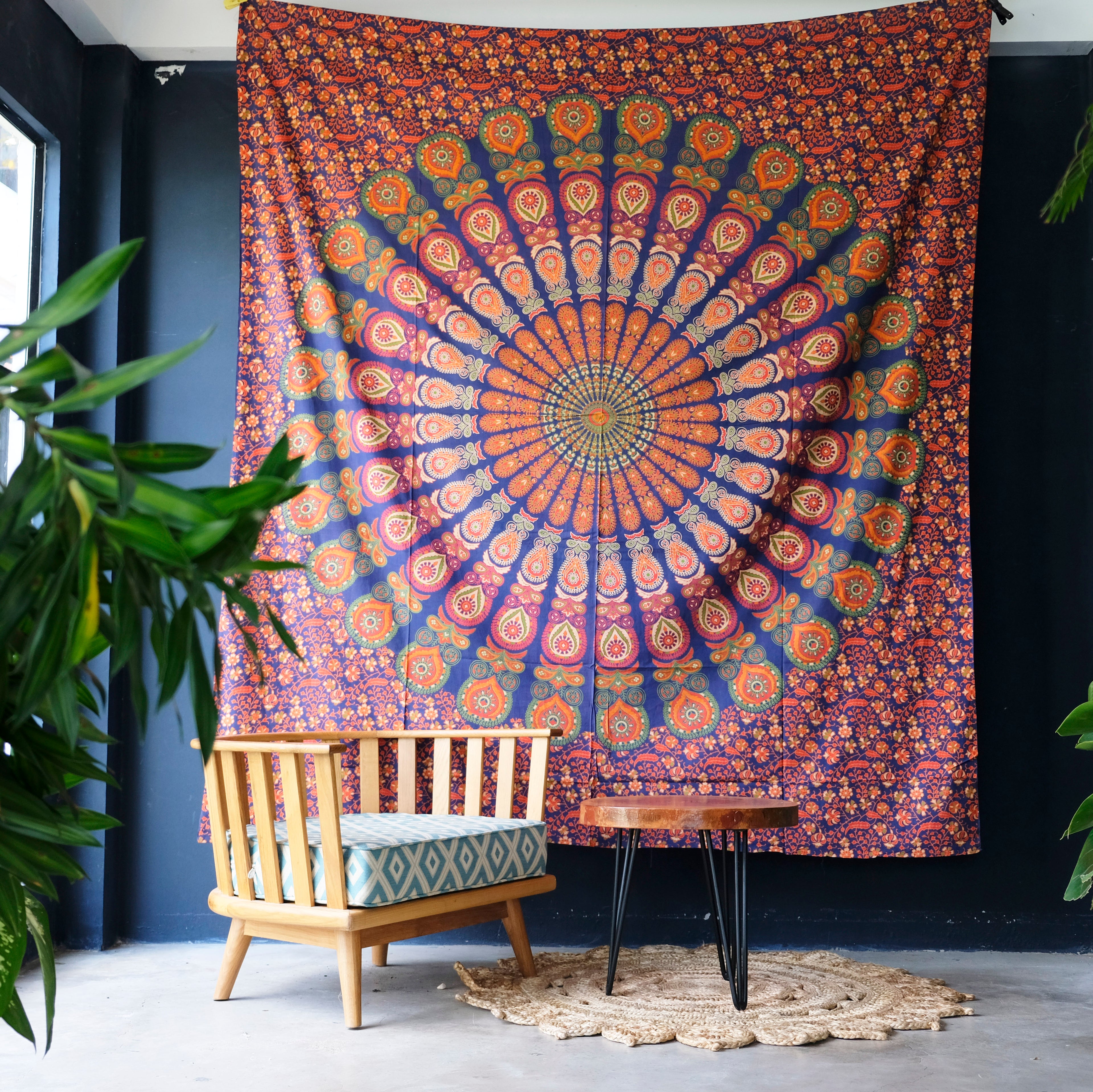 Peacock Mandala Tapestry – Bohemian Wall Hanging & Beach Throw | Purple & Orange