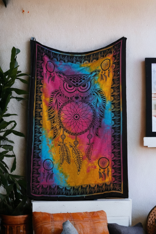 Dream Owl Tapestry – Multicolour Tie-Dye Bohemian Wall Hanging without logo